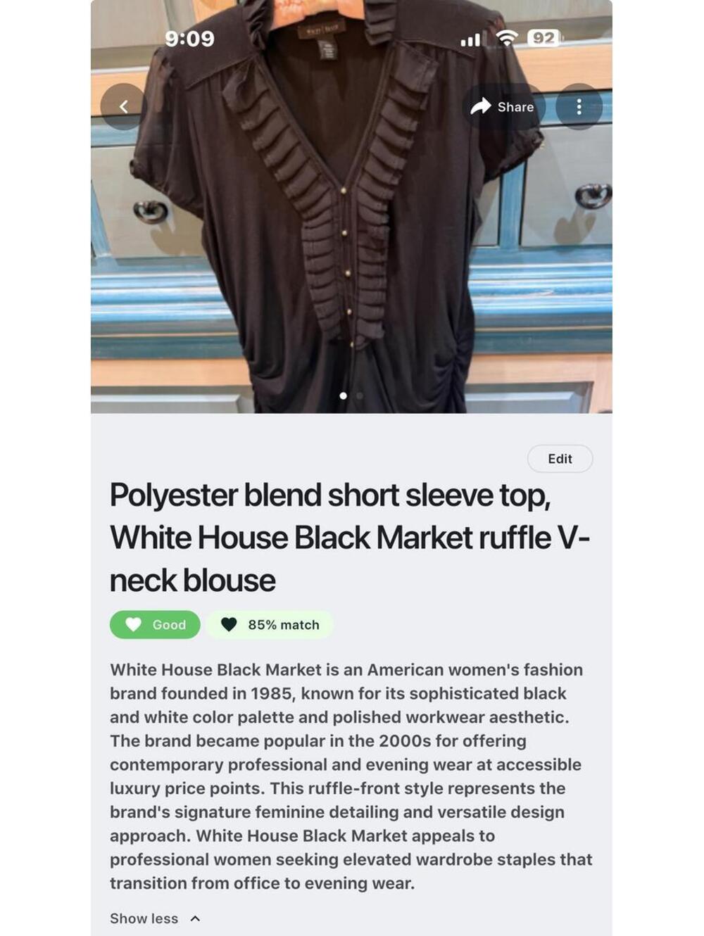White House Black Market Black Ruffled V-Neck Blouse Size L - Picture 4 of 4